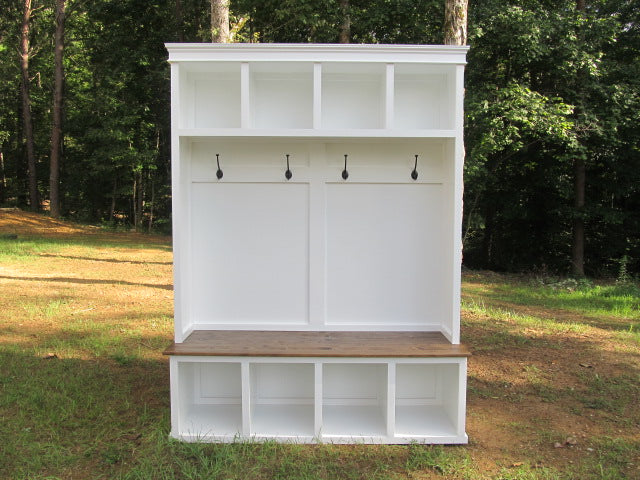Custom Made Wood Hall Tree with Bench Mudroom Farmhouse Entry Way Furniture