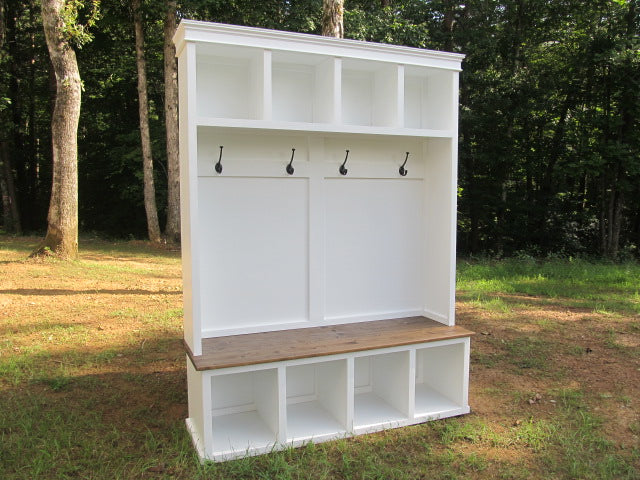 Custom Made Wood Hall Tree with Bench Mudroom Farmhouse Entry Way Furniture