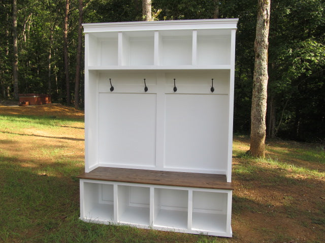 Custom Made Wood Hall Tree with Bench Mudroom Farmhouse Entry Way Furniture